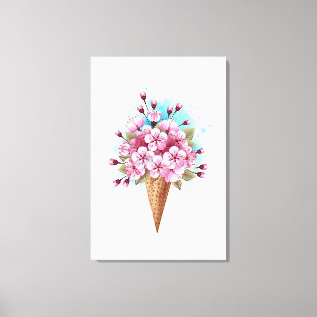 Impressão Em Tela Sorvete Waffle Rosa Sakura Cone (Frente)