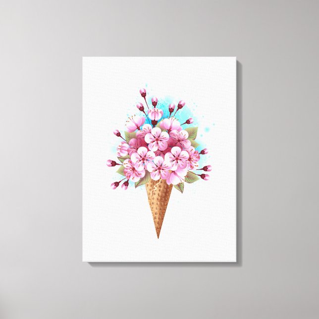 Impressão Em Tela Sorvete Waffle Rosa Sakura Cone (Frente)