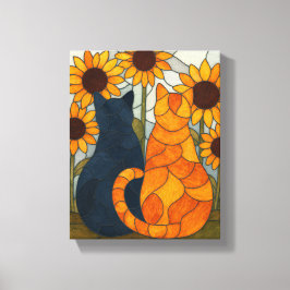 Impressão Em Tela Stained Glass Cats and Sunflowers Art Design