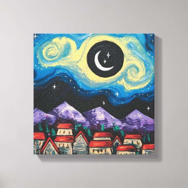 Impressão Em Tela Starry Night Crescent Moon Over Village Art Impres (Frente)