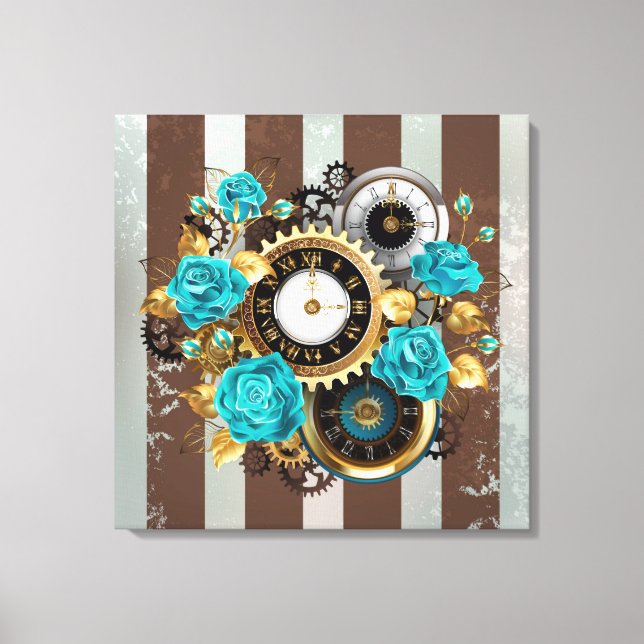 Impressão Em Tela Steampunk Clock and Turquoise Roses on Striped (Frente)