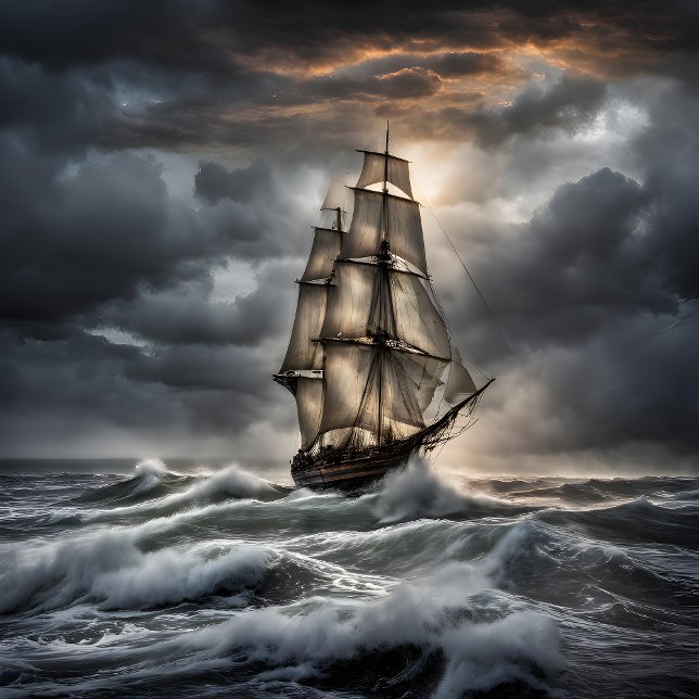 Impressão Em Tela Stormy Seas - Navio de vela dramático no oceano (Sailing Through the Storm – A Bold Ocean Adventure)