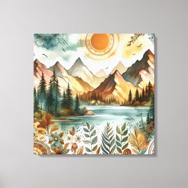 Impressão Em Tela Sunny Rustic Boho Nature Pattern Mountain Lake (Frente)