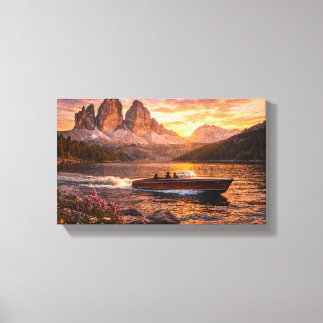 Impressão Em Tela Sunset Lake with Classic Wooden Boat (Frente)