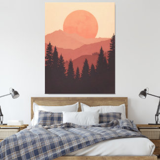 Impressão Em Tela Sunset Mountain Forest Nature Illustration