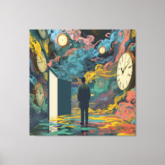 Impressão Em Tela Surreal Figure Room Swirling Clocks Smoke Wall Art