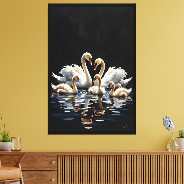 Impressão Em Tela Swan Family on Black Lake Artwork (Insitu(Sala de estar))