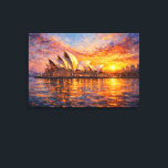 Impressão Em Tela Sydney Opera House Sunset Knife Oil Painting<br><div class="desc">A breathtaking artistic interpretation of the iconic Sydney Opera House, beautifully illuminated by a glowing sunset over Sydney Harbour in Sydney, Australia. This expressive artwork blends palette knife texture with classic oil painting techniques, creating rich layers of color and movement. Warm golden, copper, and orange tones of the sunset contrast...</div>