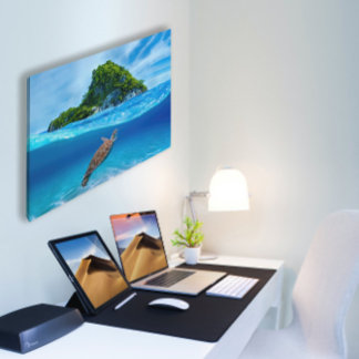 Impressão Em Tela Tartaruga do Mar de Cute em frente a uma ilha trop