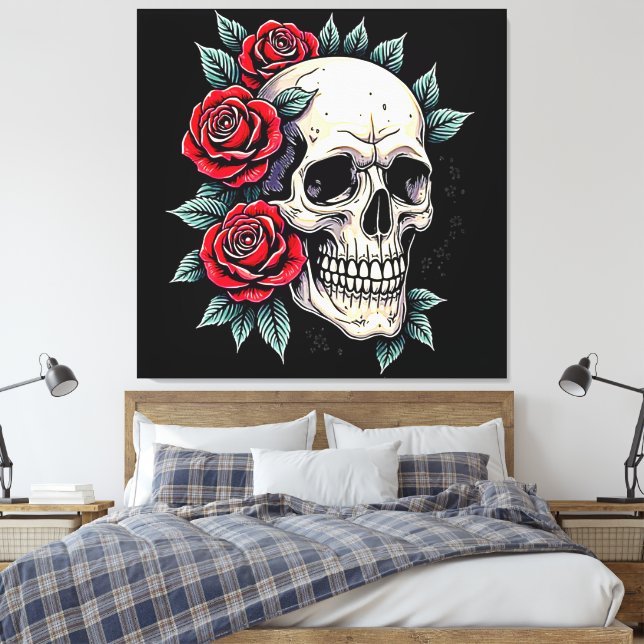 Impressão Em Tela Tatuagem de Rosas do crânio (Insitu(Quarto))