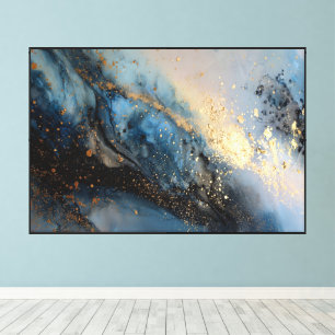 Impressão Em Tela Tela Abstrata Fluida Azul e Dourado Cósmico