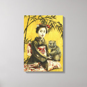 Impressão Em Tela Tela com Desenho de Geisha Antiga e Bambu