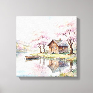 Impressão Em Tela Tela de Cabana no Lago em Aquarela