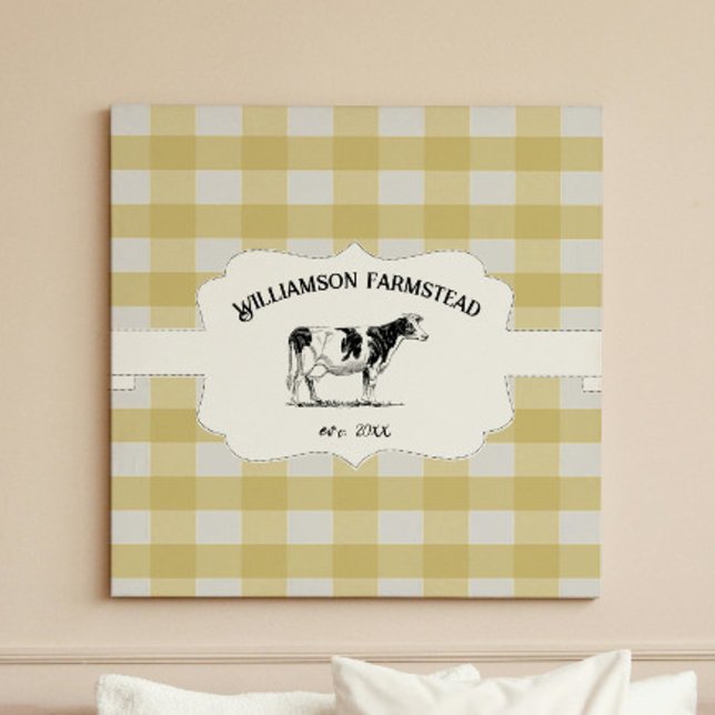 Impressão Em Tela Tela de Fazenda de Buffalo Amarelo (Yellow Buffalo Plaid Farm Cow Canvas Print)
