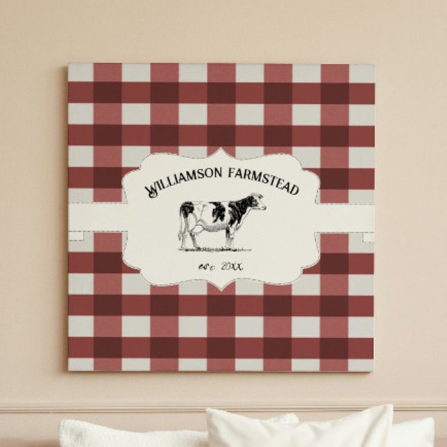 Impressão Em Tela Tela de Fazenda de Xadrez de Buffalo Vermelha (Red Buffalo Plaid Farm Cow Canvas Print)