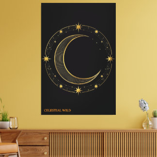 Impressão Em Tela Tela de Luxo Preto Dourado Arte Celestial da Lua