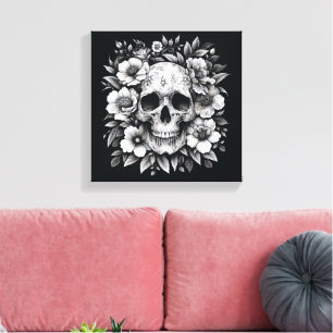 Impressão Em Tela Tela de Parede Crânio Floral com Tinta Branca Góti