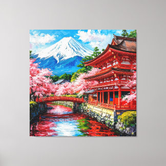 Impressão Em Tela Templo Japonês Tradicional com Floradas de Cerejei