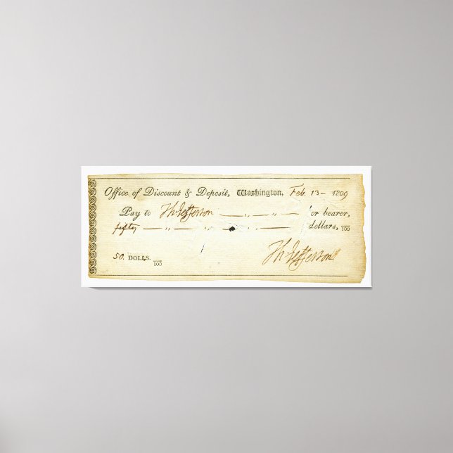 Impressão Em Tela Thomas Jefferson Signature on Bank Check 1809 (Frente)