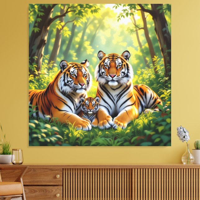 Impressão Em Tela  Tigerfamilie im Einklang der Natur (Insitu(Sala de estar))