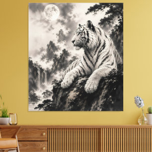 Impressão Em Tela Tigre Branco Descansando no Penhasco Tinta Tradi