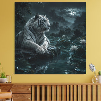 Impressão Em Tela Tigre Branco em um Lago de Lótus Chuvoso – Azul Mí