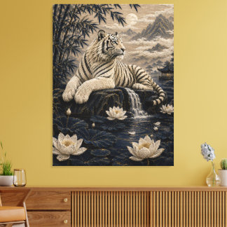 Impressão Em Tela Tigre Branco junto a uma Lagoa de Lótus – Terra da