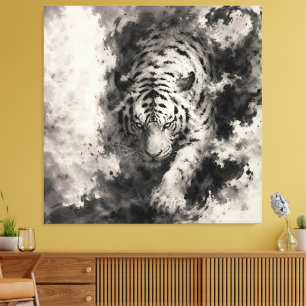Impressão Em Tela Tigre Branco Majestoso Emergindo da Tinta Chinês