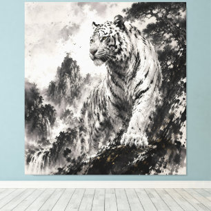 Impressão Em Tela Tigre Branco no Penhasco da Montanha Tinta Tradi