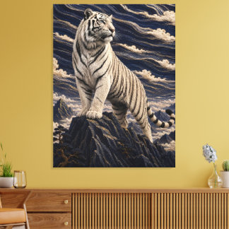 Impressão Em Tela Tigre Branco Sob Nuvens Embroideradas – Azul Marin
