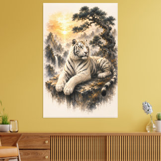 Impressão Em Tela Tigre Branco sob Pinheiro Antigo | Tinta Chinesa