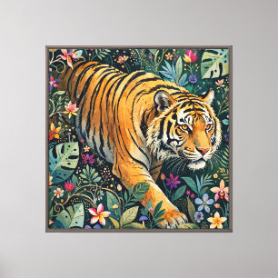 Impressão Em Tela Tigre com Olhos Âmbar Folhagem da Selva Fantasia