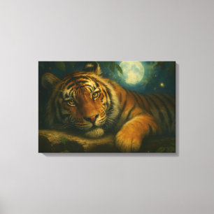 Impressão Em Tela Tigre de Aquarela Descansado na Floresta Noturna
