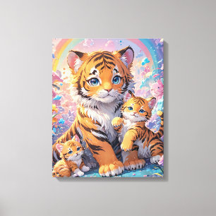 Impressão Em Tela Tigre e Cubs - Pastel Animado