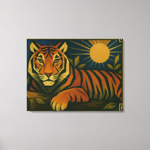Impressão Em Tela Tigre Estilizado na Moldura Ornamental Sunburst