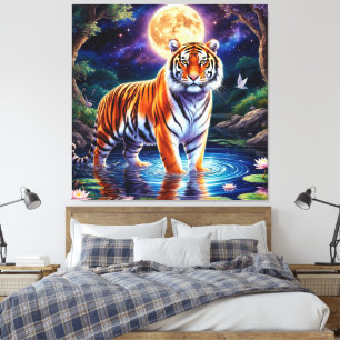 Impressão Em Tela Tigre Majestoso em uma Paisagem Fantástica ao Luar