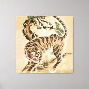 Impressão Em Tela Tigre Minhwa Antigo sob Árvore de Pinheiro