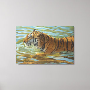 Impressão Em Tela Tigre Nadando Grande Pintura De Gatos