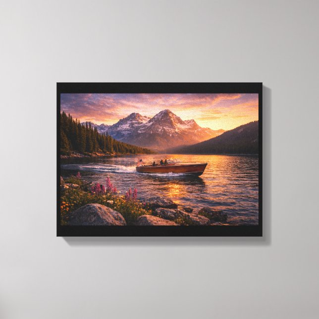 Impressão Em Tela Title  Golden Mountain Lake Sunset with Wooden Boa (Frente)