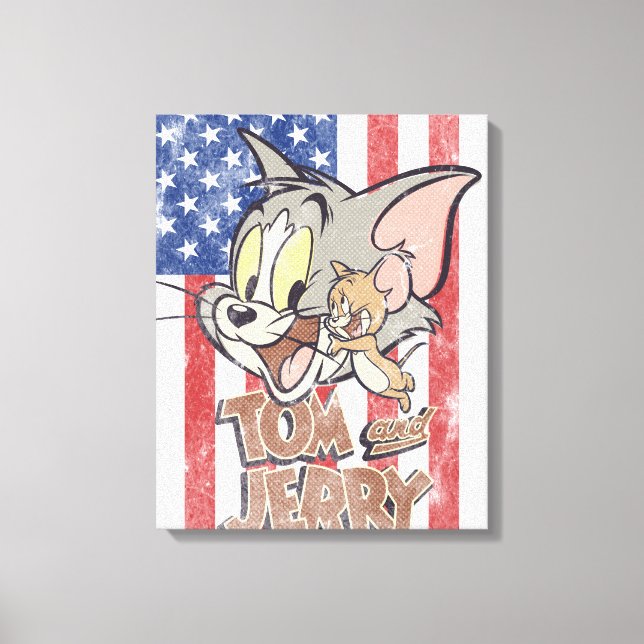 Impressão Em Tela Tom & Jerry com bandeira dos EUA (Frente)