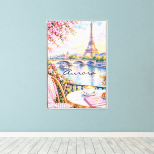 Impressão Em Tela Torre Eiffel em Aquarela Paris Floral Rosa Francês