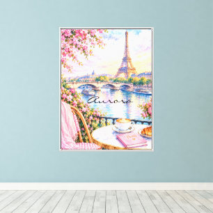 Impressão Em Tela Torre Eiffel em Aquarela Paris Floral Rosa Francês