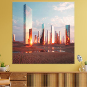 Impressão Em Tela Torres Espelhadas Surreais Futuristas No Deserto