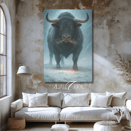 Impressão Em Tela Touro Furioso na Neve Inverno Azul Arte Ocidental