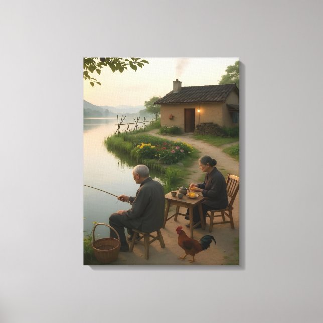 Impressão Em Tela Tranquil Village Morning by the Lake Wall Art (Frente)
