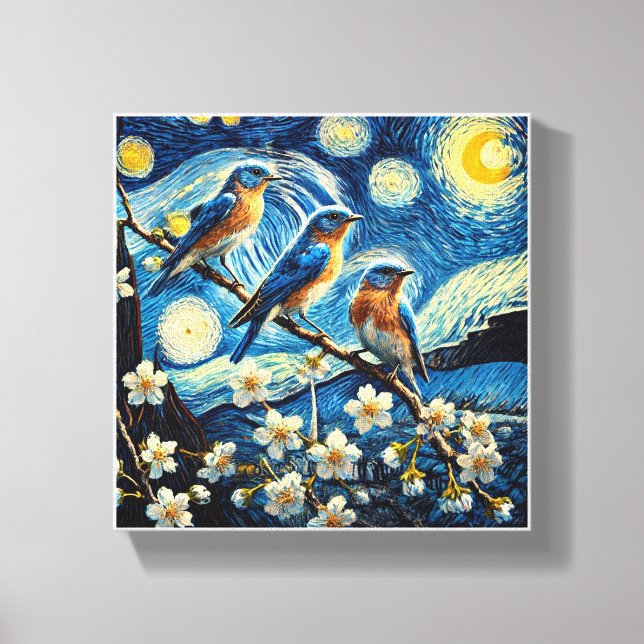 Impressão Em Tela Três aves azuis orientais Van Gogh Art (Frente)