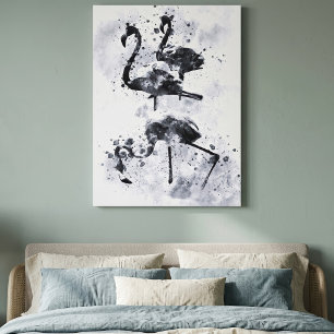 Impressão Em Tela Três Flamingos Preto e Branco Aquarela