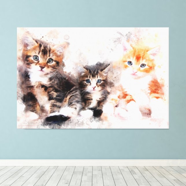 Impressão Em Tela Três gatinhos lindos e bonitos aquarela (Insitu(piso de madeira))