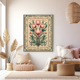 Impressão Em Tela Tulipa Rosa Poeira Esmeralda Medieval Ornamento