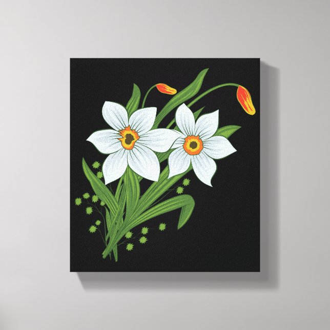 Impressão Em Tela Tulipas e Narcisos Flores Fundo Preto (Frente)